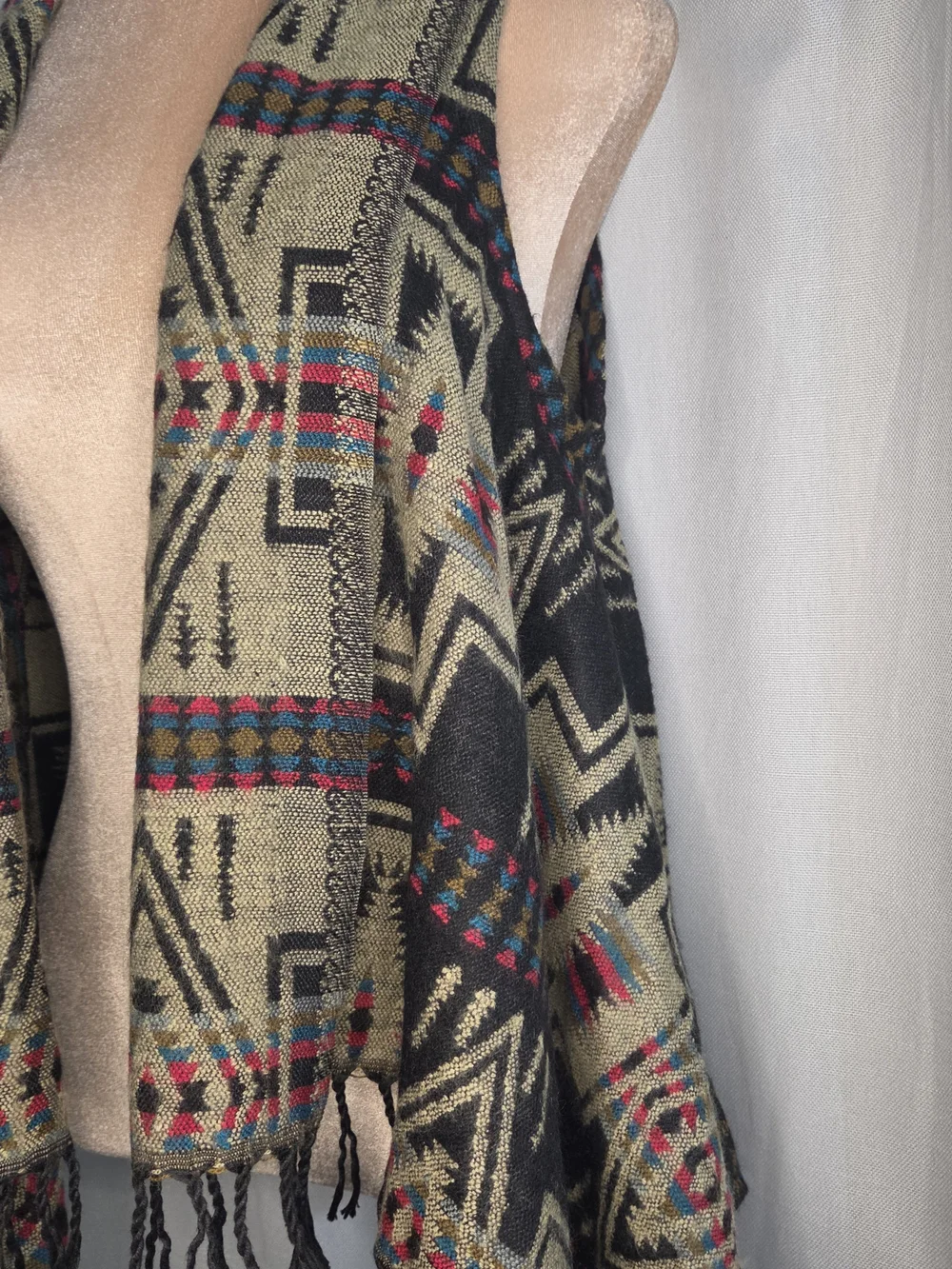 Raj Boho Fringe Tribal Pattern Wrap Vest - Black & Olive One Size